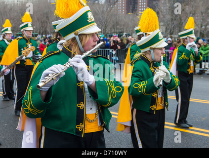 Band marching at the annual Saint Patrick's Day Parade in Chicago Stock Photo