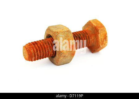 Rusty nut and bolt isolated on white background. Stock Photo