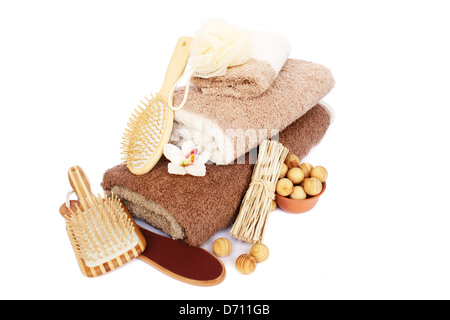 Towels and spa set isolated on white background. Stock Photo