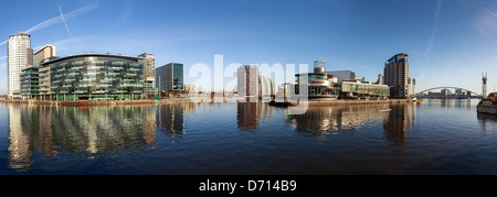 Panoramic view of Salford Quays Manchester, with BBC Manchester, Media City and Lowery theater all together. Stock Photo