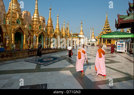 Buddhist nuns take an evening stroll at the Shwedagon Pagoda Yangon Myanmar (Burma) Stock Photo