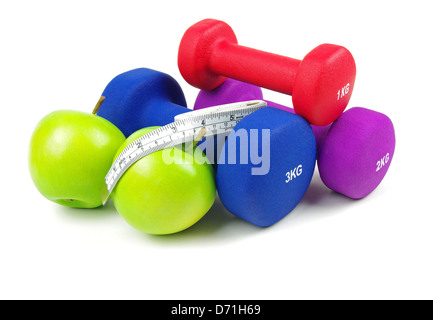fitness items and fruit on a white background Stock Photo