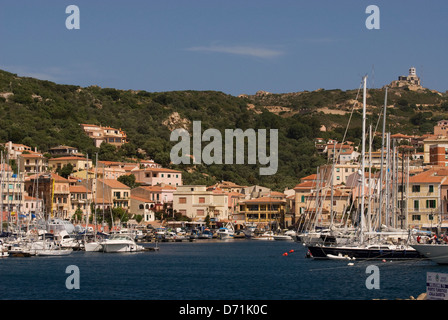 Houses and yachts in the touristic port of Cala Gavetta at La Maddalena island,Gallura region,Olbia Tempio, Sardinia,Italy Stock Photo