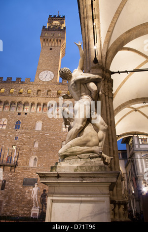 Palazzo Vecchio in Florence; Italy Illuminated at Night Stock Photo