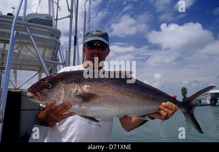 Fisherman holding a greater amberjack ((Seriola dumerili)) caught while fishing offshore at Port Aransas Texas Stock Photo