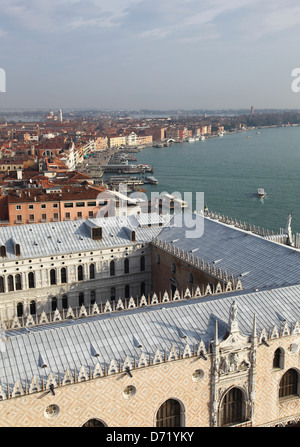 Aerial View over the Doge's Palace or Palazzo Ducale from the bell tower or campanile in St Mark's square Venice Italy Stock Photo