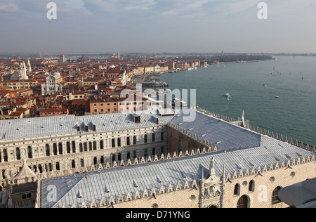 Aerial View over the Doge's Palace or Palazzo Ducale from the bell tower or campanile in St Mark's square Venice Italy Stock Photo