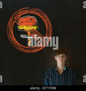 Business man, student, teacher or politician no nuclear bombs war pacifist thought thinking chalk cloud on blackboard background Stock Photo