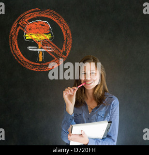 Business woman, student, teacher or politician no nuclear bombs war pacifist thought thinking chalk cloud blackboard background Stock Photo