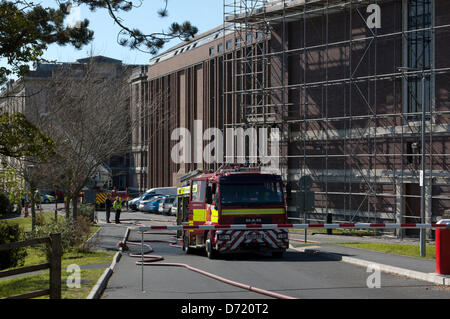 Aberystwyth, Wales, UK. 26th April 2013. Fire crews in attendance to a fire at the rear of the National Library of Wales in Aberystwyth. All workers were evacuated in good time, with fire crews called from outside Aberystwyth to help get it under control. Credit:Barry Watkins/Alamy Live News Stock Photo