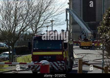 Aberystwyth, Wales, UK. 26th April 2013. Fire crews in attendance to a fire at the rear of the National Library of Wales in Aberystwyth. All workers were evacuated in good time, with fire crews called from outside Aberystwyth to help get it under control. Credit:Barry Watkins/Alamy Live News Stock Photo