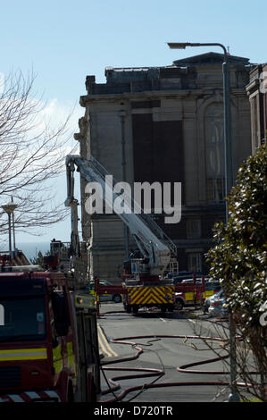 Aberystwyth, Wales, UK. 26th April 2013. Fire crews in attendance to a fire at the rear of the National Library of Wales in Aberystwyth. All workers were evacuated in good time, with fire crews called from outside Aberystwyth to help get it under control. Credit:Barry Watkins/Alamy Live News Stock Photo