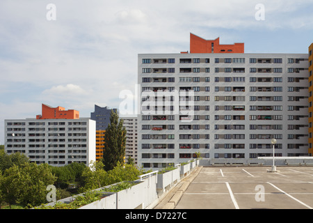 Berlin, Germany, Wohnhochhaeuser and empty parking lot in Brandenburg March quarter Stock Photo