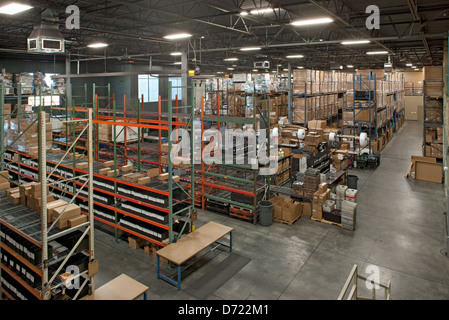 Overhead view of warehouse interior for recycling and refurbishing electronics, inkjet cartridges, and printer toner.