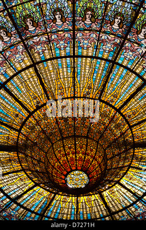 Stained glass ceiling in Palau de la Musica Catalana, Barcelona, Catalonia, Spain Stock Photo