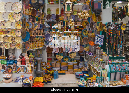 Shop selling porcelain in the market street in old medina (UNESCO World Heritage site), Tunis, Tunisia Stock Photo