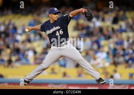 Los Angeles, CA, USA. April 26, 2013.  Milwaukee Brewers starting pitcher Hiram Burgos (46) pitches during the Major League Baseball game between the Los Angeles Dodgers and the Milwaukee Brewers at Dodger Stadium in Los Angeles, CA. David Hood/CSM/Alamy Live News. Stock Photo