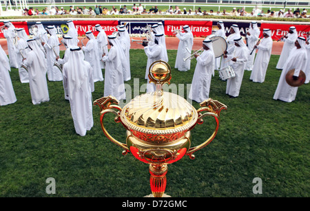 Dubai, United Arab Emirates, orchestra and trophy for the winner in Dubai World Cup Stock Photo