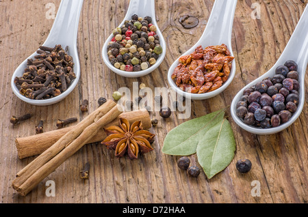 Various spices in porcelain spoons Stock Photo