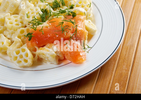 ruote pasta with cream sauce and salmon.closeup Stock Photo