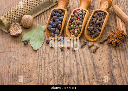 Various spices in wooden scoops Stock Photo