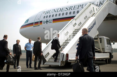 Accra, Ghana, 27 April 2013. German Minister of Foreign Affairs Guido Westerwelle climbs the stairs of an aeroplane in Berlin, Germany, 27 April 2013. Ghana is first station of Westerwelle's five days long trip to Africa. PHOTO: MICHAEL KAPPELER/DPA/Alamy Live News Stock Photo