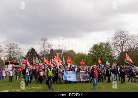 London, UK. 27th April 2013. Protesters marching from Acton Park to Ealing Common to hold a rally against the closure of vital services at Ealing Hospital, such as the A&E and Maternity wing. Credit: Pete Maclaine/Alamy Live News
