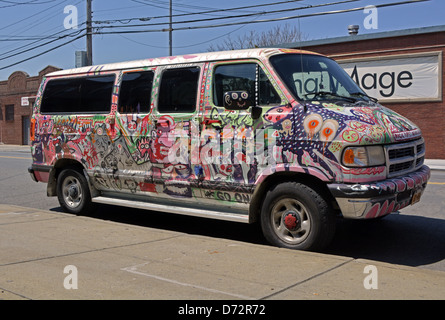 MInivan completely painted with graffiti in Woodside Queens, New York Stock Photo
