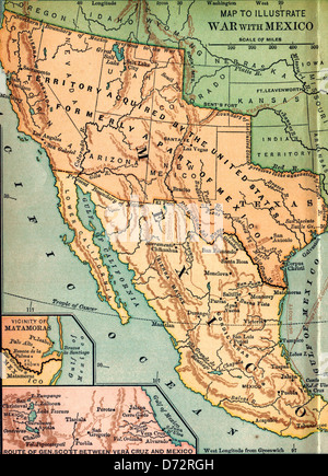 Map to illustrate USA War with Mexico 1846 - 1848. Stock Photo