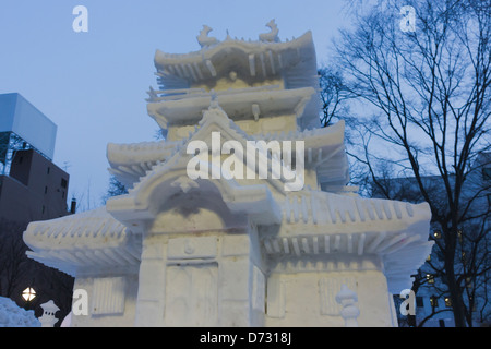 Snow sculpture of temple, Sapporo Snow Festival, Sapporo, Hokkaido, Japan Stock Photo