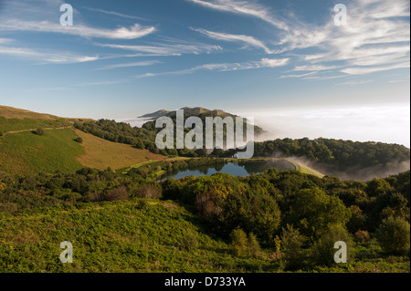 The Malvern Hills looking North from Broad Down overlooking the Reservoir with British Camp to the left. Stock Photo