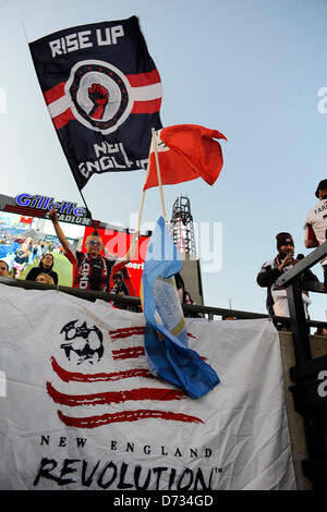 April 27, 2013 - Foxborough, Massachusetts, USA - A young fan cheers the home team during the MLS game between the Philadelphia Union and the New England Revolution held at Gillette Stadium in Foxborough Massachusetts. Eric Canha/CSM Stock Photo