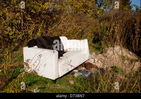 used sofa garbage discarded outdoors in meadow Stock Photo
