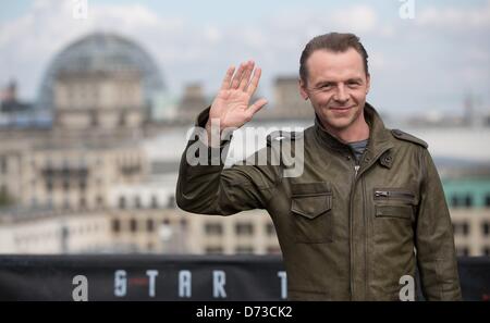British actor Simon Pegg poses during the presentation of the movie 'Star Trek Into Darkness' in Berlin, Germany, 28 April 2013. The movie will be aired to German cinemas on 09 May. Photo: JOERG CARSTENSEN Stock Photo