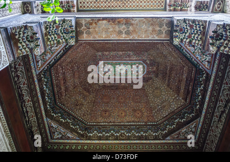 Marrakesh - the Bahia Palace. Painted cedarwood coffered and beamed ceiling. Stock Photo