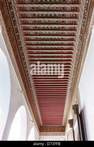 Marrakesh - the Bahia Palace. Painted cedarwood coffered and beamed ceiling. Stock Photo
