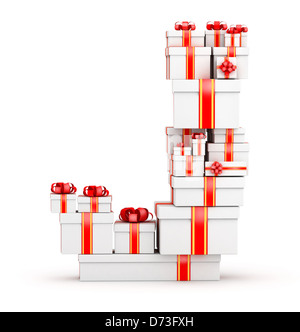 Letter from boxes of gifts decorated with red ribbons Stock Photo