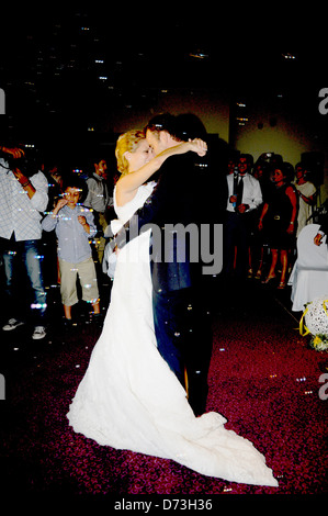 Bride and groom at their first dance on wedding reception (Greece) Stock Photo