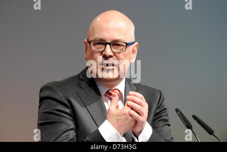 The Premier of Schleswig-Holstein, Torsten Albig (SPD), speaks during the SPD party conference in Buedelsdrof, Germany, 28 April 2013. Amongst other issues the conference was concered with the lists of candidates to run on the SPD's party ticket on state level for the forthcoming Bundestag parliamentary election in Autumn 2013. Photo:  Carsten Rehder Stock Photo