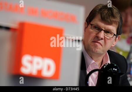 The chairman of Schleswig-Holstein's SPD,  Ralf Stegner (SPD), attends the SPD party conference in Buedelsdrof, Germany, 28 April 2013. Amongst other issues the conference was concered with the lists of candidates to run on the SPD's party ticket on state level for the forthcoming Bundestag parliamentary election in Autumn 2013. Photo:  Carsten Rehder Stock Photo