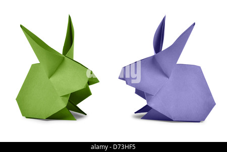 Origami. Paper rabbits isolated on white background Stock Photo