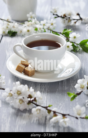 Cup of tea and teapot with branches of blooming cherry on wooden background Stock Photo
