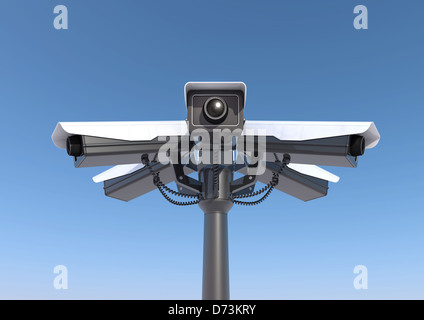 3d render of 6 security cameras on a pole close up Stock Photo