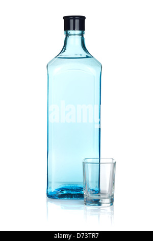 Gin bottle and empty shot. Isolated on white background Stock Photo