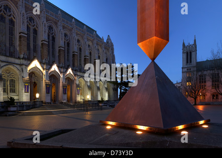 Suzzallo Library and broken obelisk in Red Square at twilight, University of Washington, Seattle, Washington, USA Stock Photo