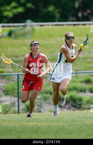 April 28, 2013: Detroit Titans midfielder Zaynib Hamze (19) and Jacksonville defender Rachel Hannon (12) during NCAA Women's Lacrosse ASUN Championship game action between the Detroit Mercy Titans and the Jacksonville Dolphins. Jacksonville defeated Detroit Mercy 22-8 at Southern Oaks Stadium in Jacksonville, FL Stock Photo