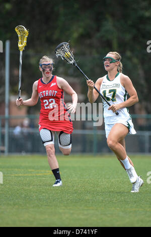 April 28, 2013: Detroit Titans attack Erin Campbell (22) and Jacksonville attack Morgan Derner (17) during NCAA Women's Lacrosse ASUN Championship game action between the Detroit Mercy Titans and the Jacksonville Dolphins. Jacksonville defeated Detroit Mercy 22-8 at Southern Oaks Stadium in Jacksonville, FL Stock Photo