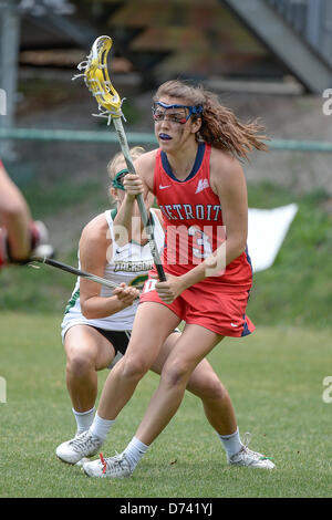 April 28, 2013: Detroit Titans defender Amanda Guthrie (3) during NCAA Women's Lacrosse ASUN Championship game action between the Detroit Mercy Titans and the Jacksonville Dolphins. Jacksonville defeated Detroit Mercy 22-8 at Southern Oaks Stadium in Jacksonville, FL Stock Photo