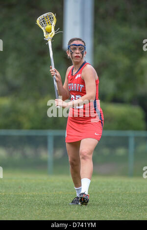 April 28, 2013: Detroit Titans midfielder Megan Callahan (23) during NCAA Women's Lacrosse ASUN Championship game action between the Detroit Mercy Titans and the Jacksonville Dolphins. Jacksonville defeated Detroit Mercy 22-8 at Southern Oaks Stadium in Jacksonville, FL Stock Photo