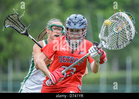 April 28, 2013: Detroit Titans goalie Lexie McCormick (83) during NCAA Women's Lacrosse ASUN Championship game action between the Detroit Mercy Titans and the Jacksonville Dolphins. Jacksonville defeated Detroit Mercy 22-8 at Southern Oaks Stadium in Jacksonville, FL Stock Photo